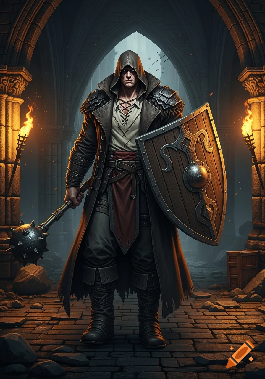 A hooded warrior in a long coat holds a mace and shield in a dark gothic archway, lit by torches. Fantasy art style.