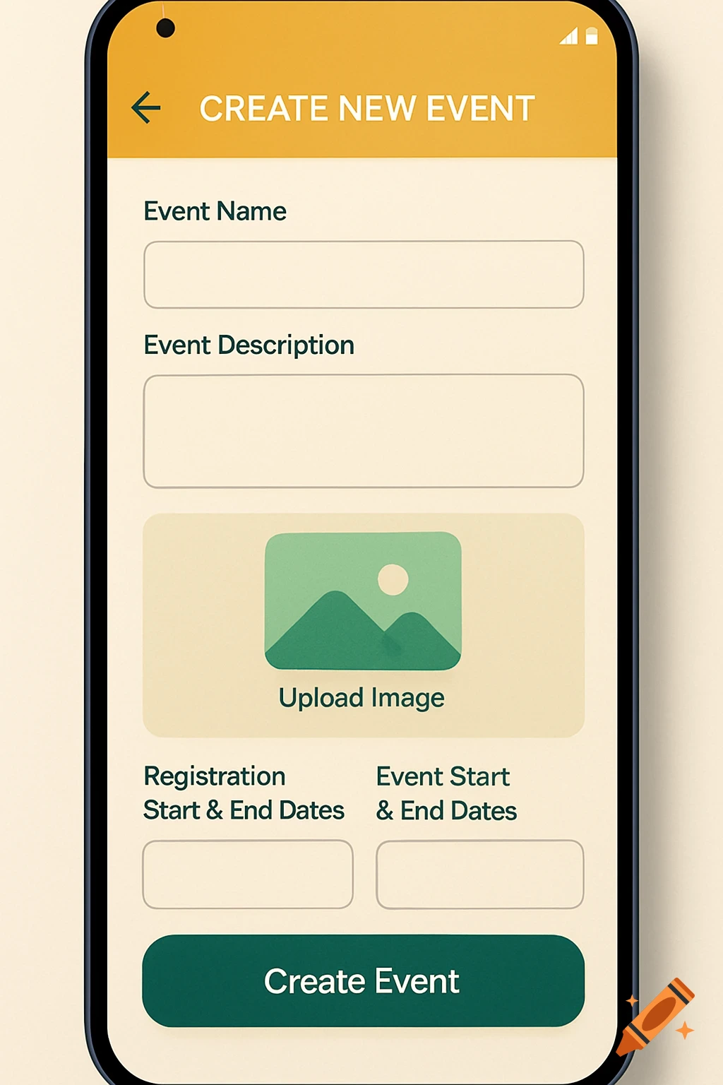 A mobile app UI for creating new events, with fields for name, description, dates, and image upload, in a yellow, green, and beige color scheme.