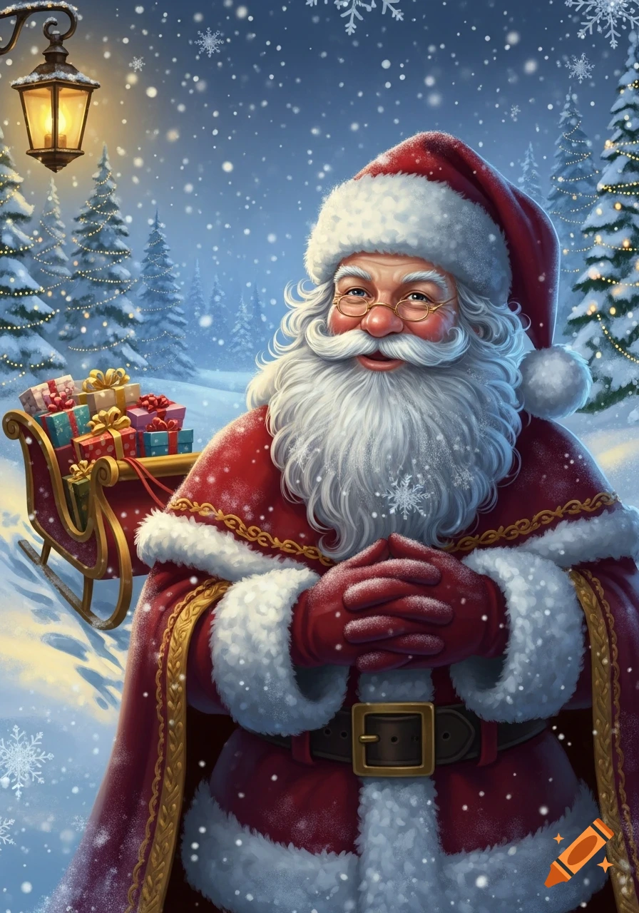 Jovial Santa Claus with a long white beard stands in a snowy winter forest with a loaded sleigh and Christmas trees under a street lamp.