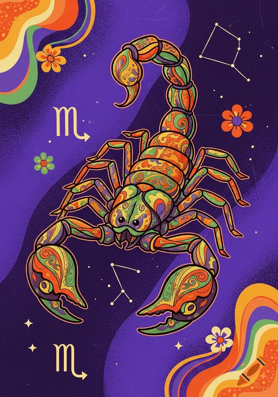 A vibrant, stylized scorpion in a 70s retro art style on a purple background with stars and the Scorpio zodiac symbol.