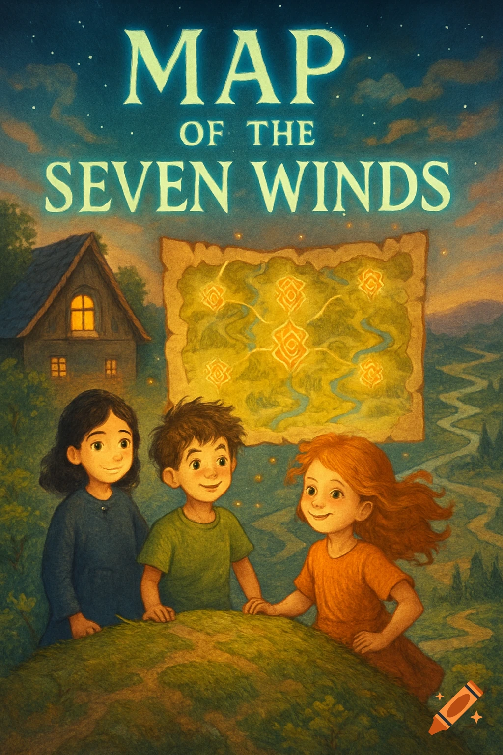 Three children stand on a hill with a glowing map, a house, and a magical landscape, titled 'Map of the Seven Winds' in a watercolor storybook style.