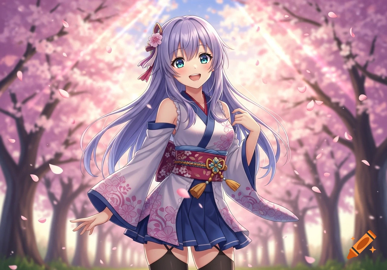 Smiling anime girl with long purple hair, wearing a white and blue floral kimono with black thigh-highs, standing in a sunny cherry blossom path with falling petals.