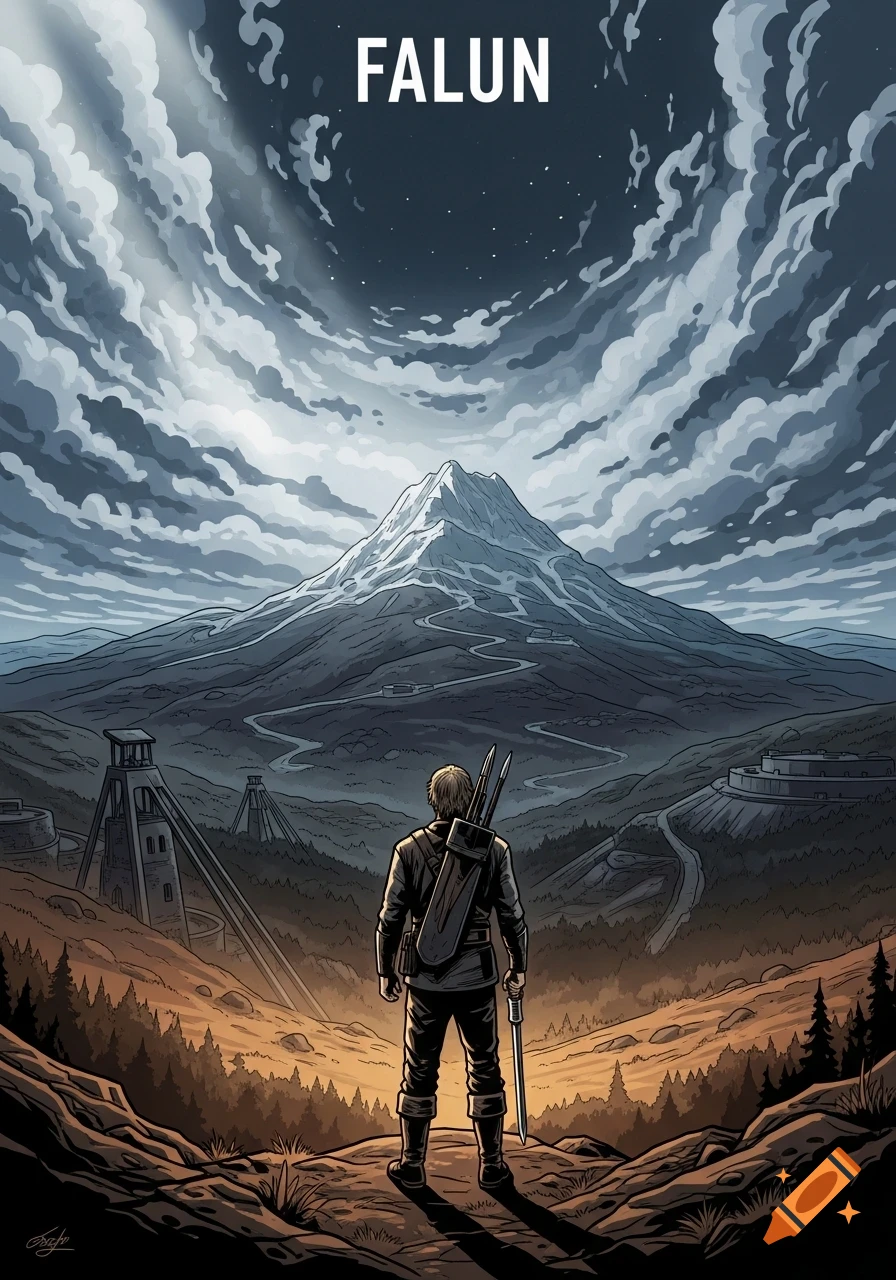 A man with a sword and quiver views a grand mountain landscape with mining structures under a dramatic sky, in a graphic novel style.
