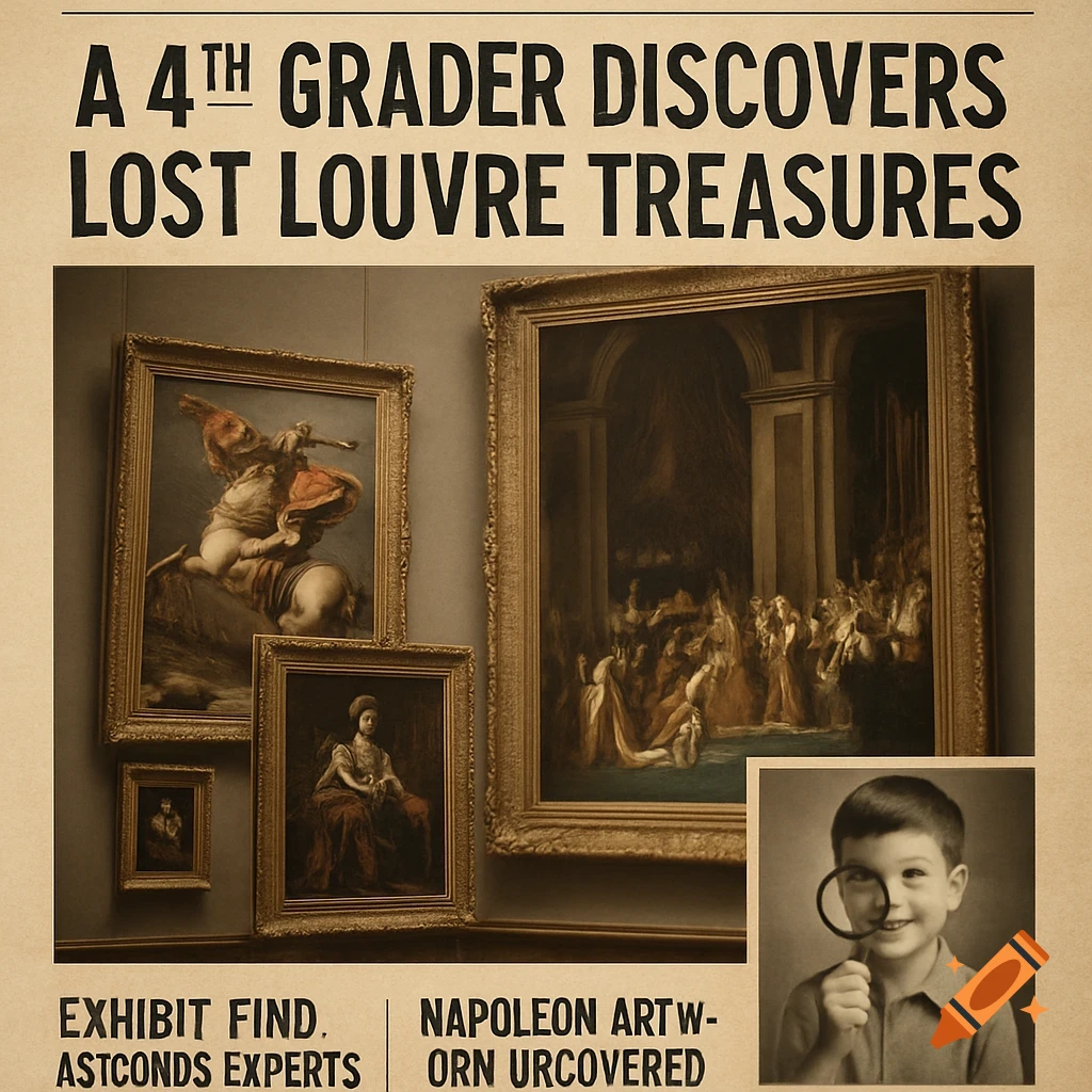 A vintage newspaper front page with the headline "A 4TH GRADER DISCOVERS LOST LOUVRE TREASURES" above an image of classical paintings in a museum and a smiling child looking through a magnifying glass.