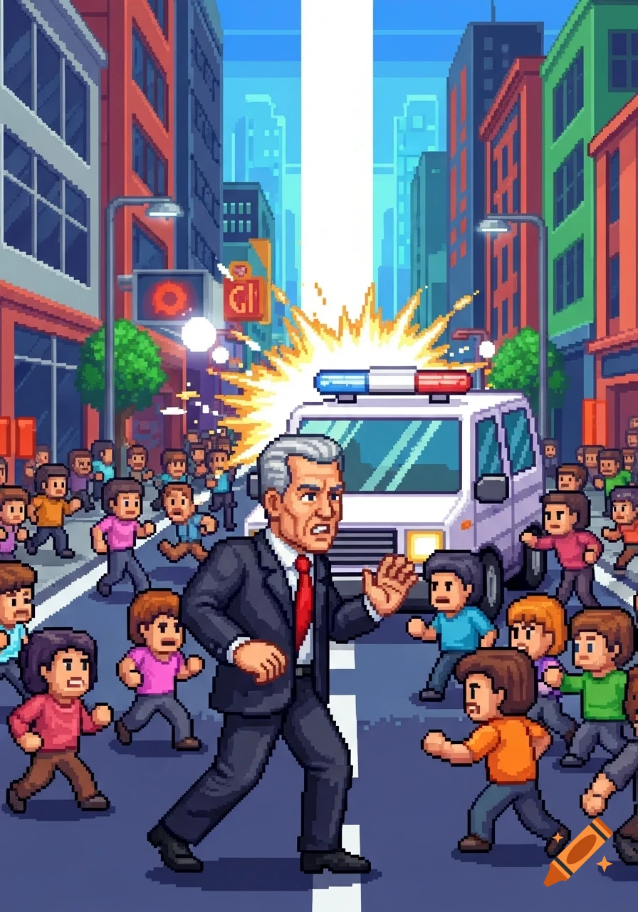 8-bit pixel art of a man in a suit reacting to a white van's bright light on a busy city street with rushing people.