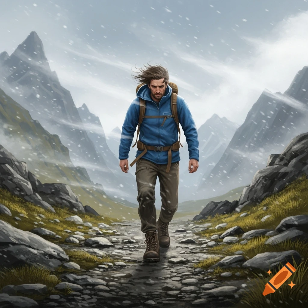 A man with a backpack hikes up a rocky path in snowy mountains under a cloudy sky, with wind blowing his hair.