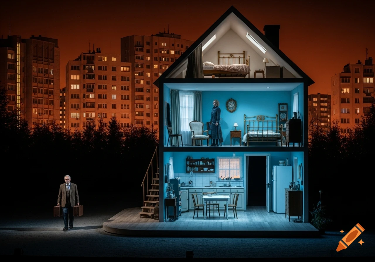 A theatrical stage set showing a cross-section of a house with a kitchen, bedroom, and attic room, against a backdrop of glowing orange city apartment buildings at night. A man with two suitcases stands on the stage apron, while a woman stands inside the house.