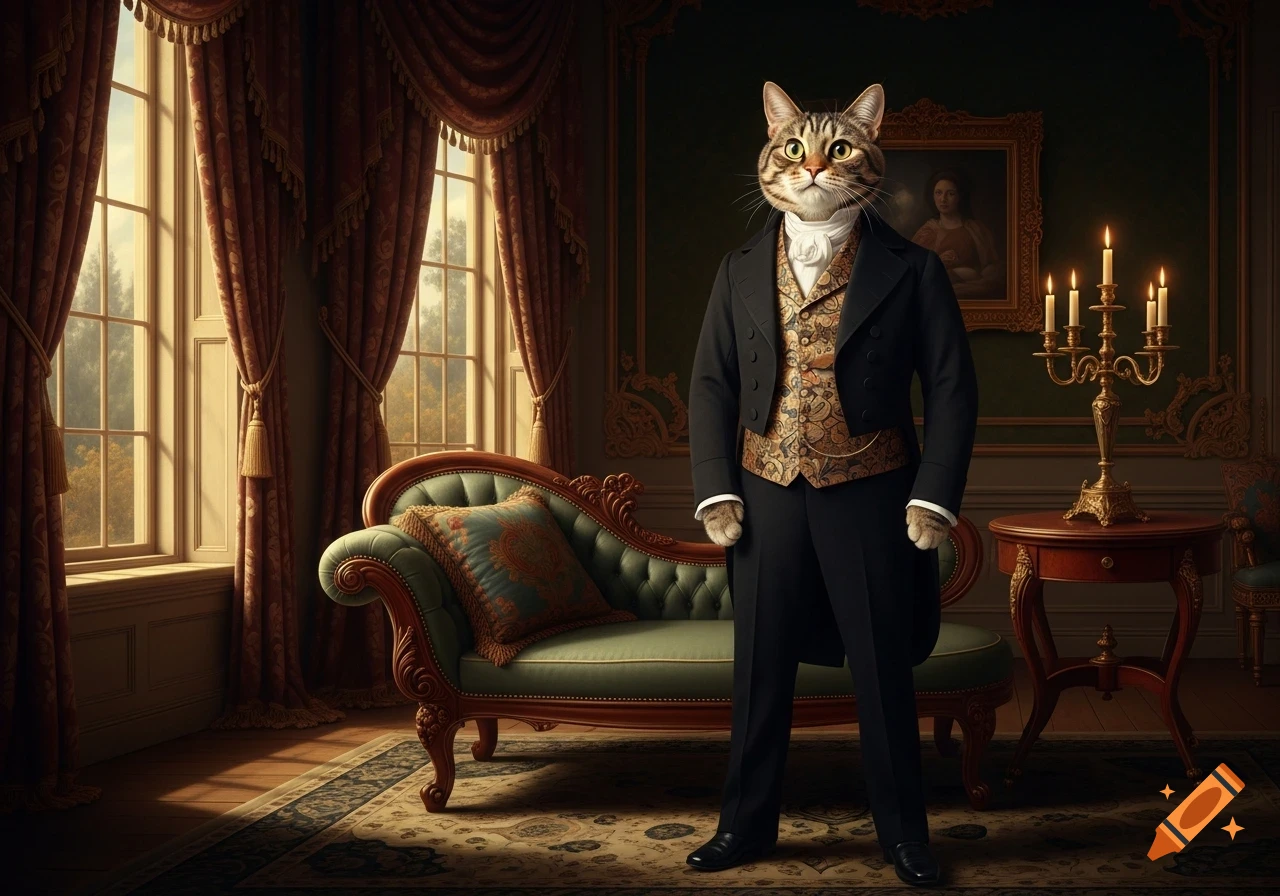 A photorealistic image of a tabby cat in a black suit with a patterned vest, standing in an opulent room with large windows.
