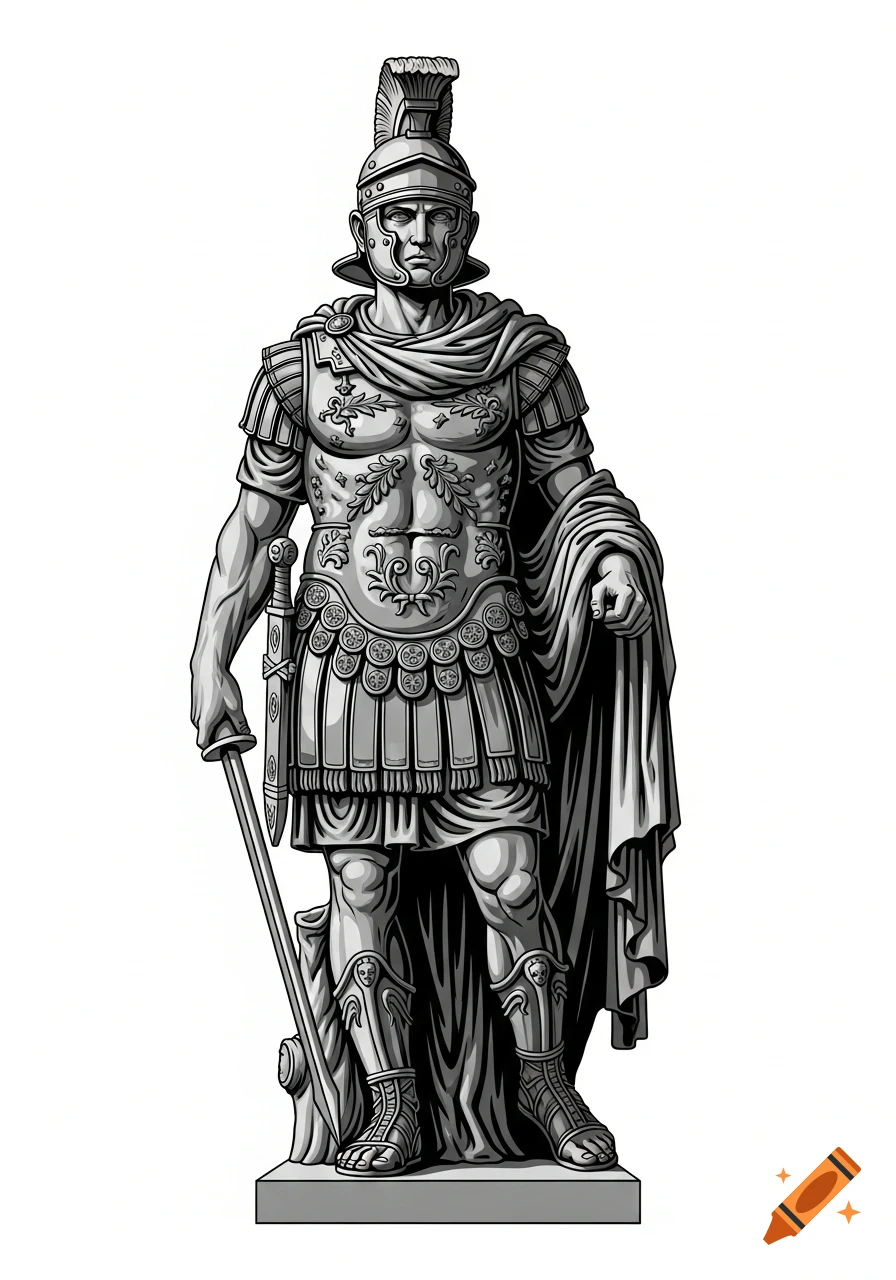 Grayscale illustration of a Roman soldier statue with armor and a sword, full-length on a white background.