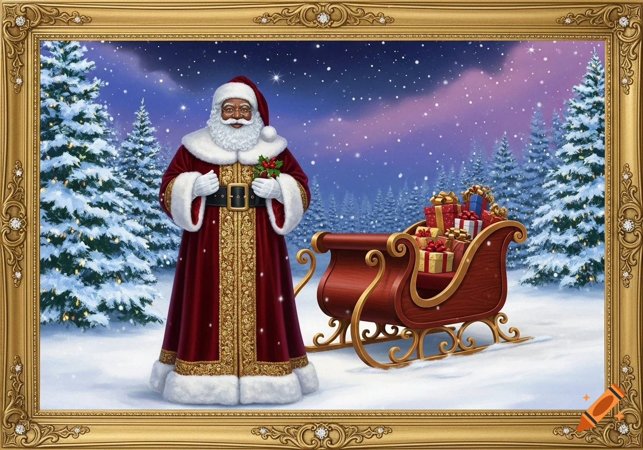 Illustration of a Black Santa Claus standing in a snowy winter wonderland with a sleigh full of gifts, bordered by a gold frame.