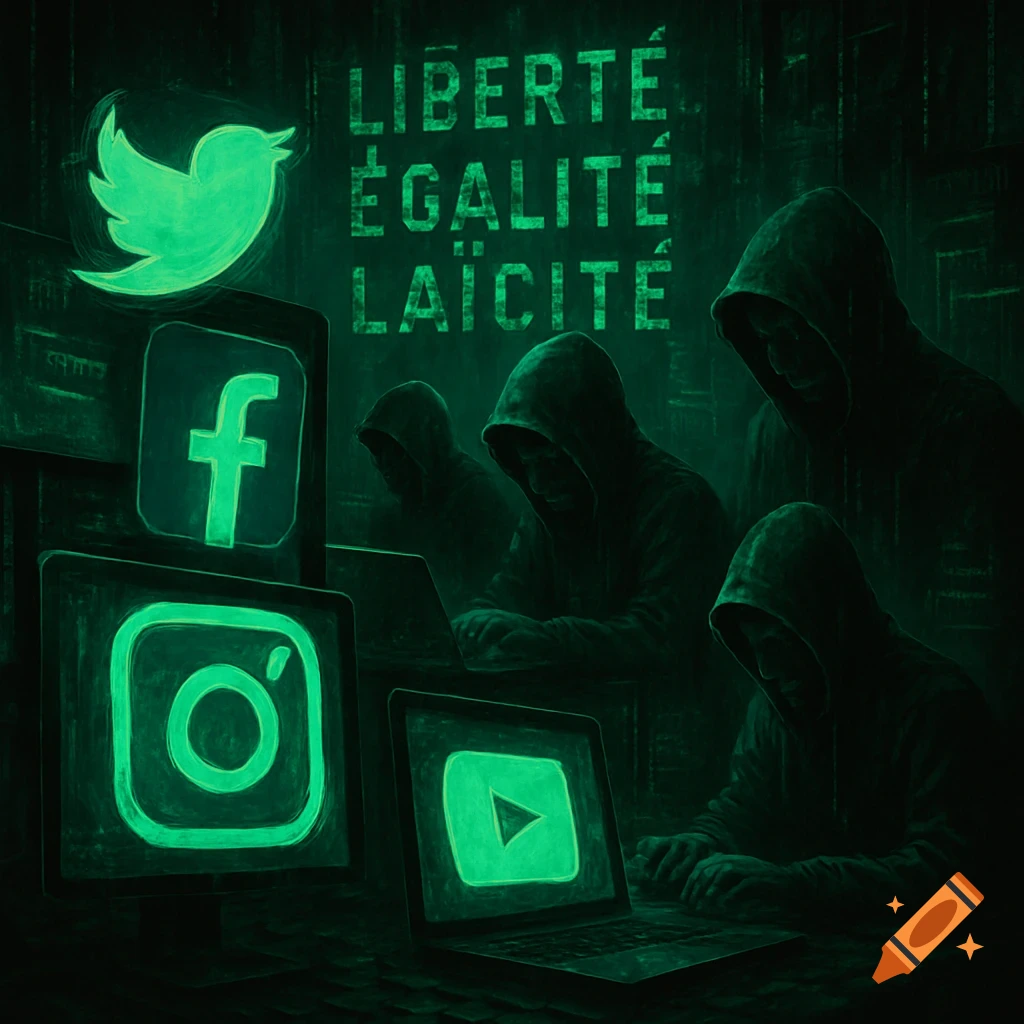Hooded figures type on laptops in a dark, green-lit digital scene with glowing social media logos and French text.