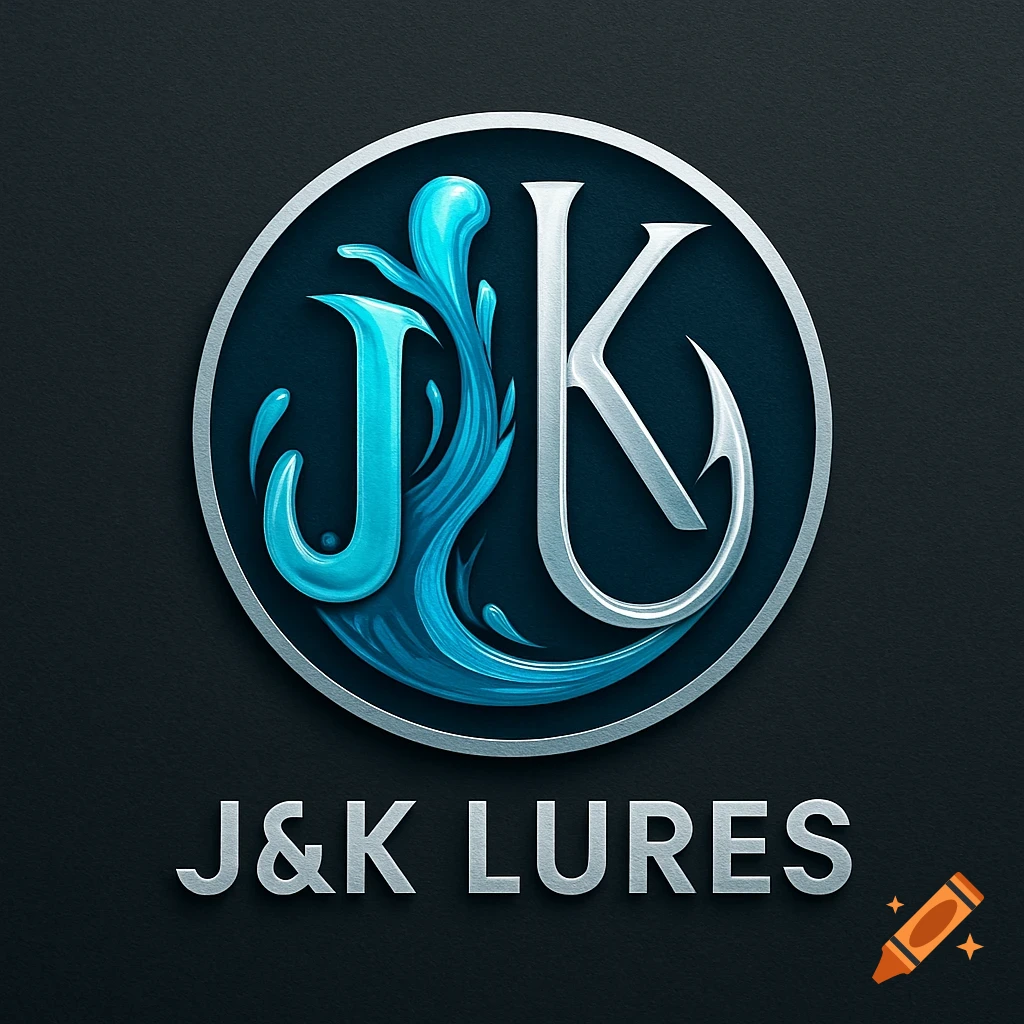 A logo for J&K Lures featuring stylized silver 'J' and 'K' letters with blue water splashes and a fishing hook inside a silver-rimmed dark blue circle, with 'J&K LURES' text below.