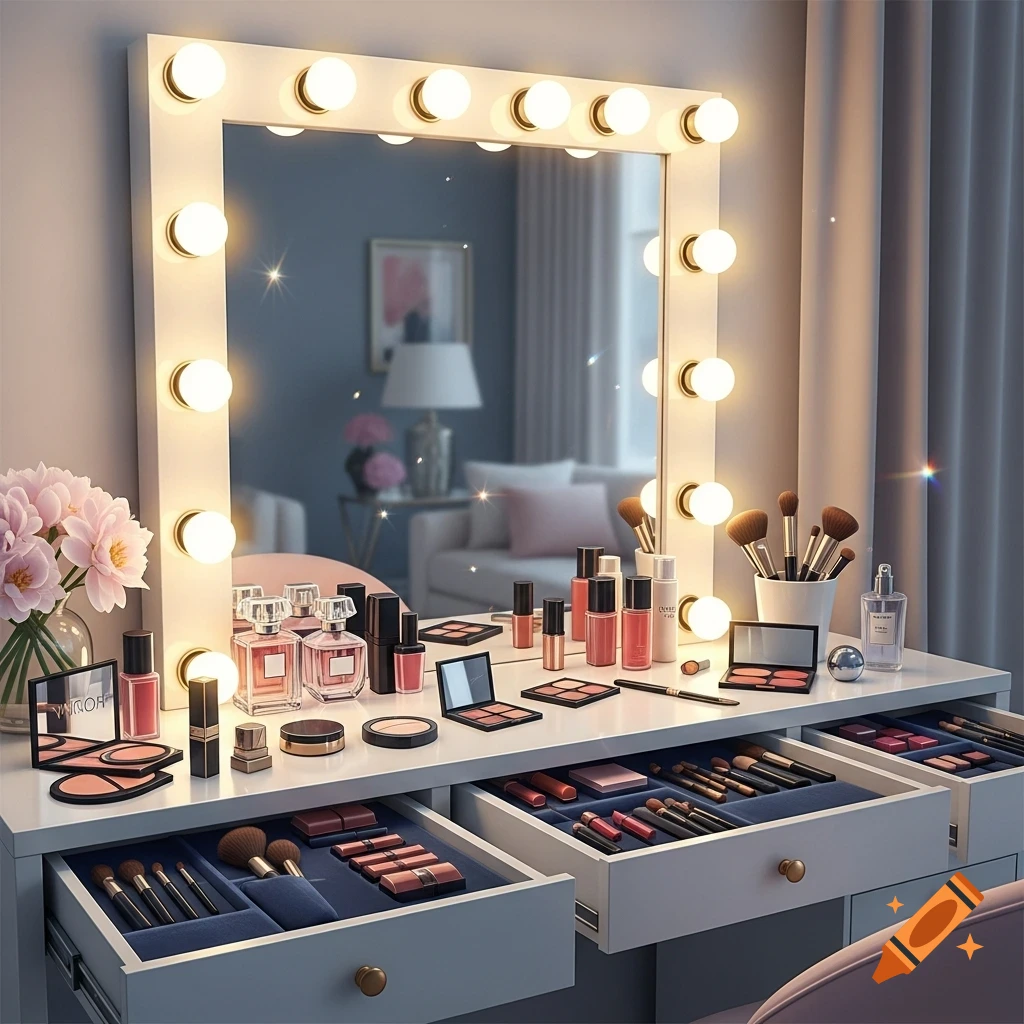A beautifully organized makeup vanity with a large mirror framed by Hollywood lights, displaying various cosmetic products and brushes.