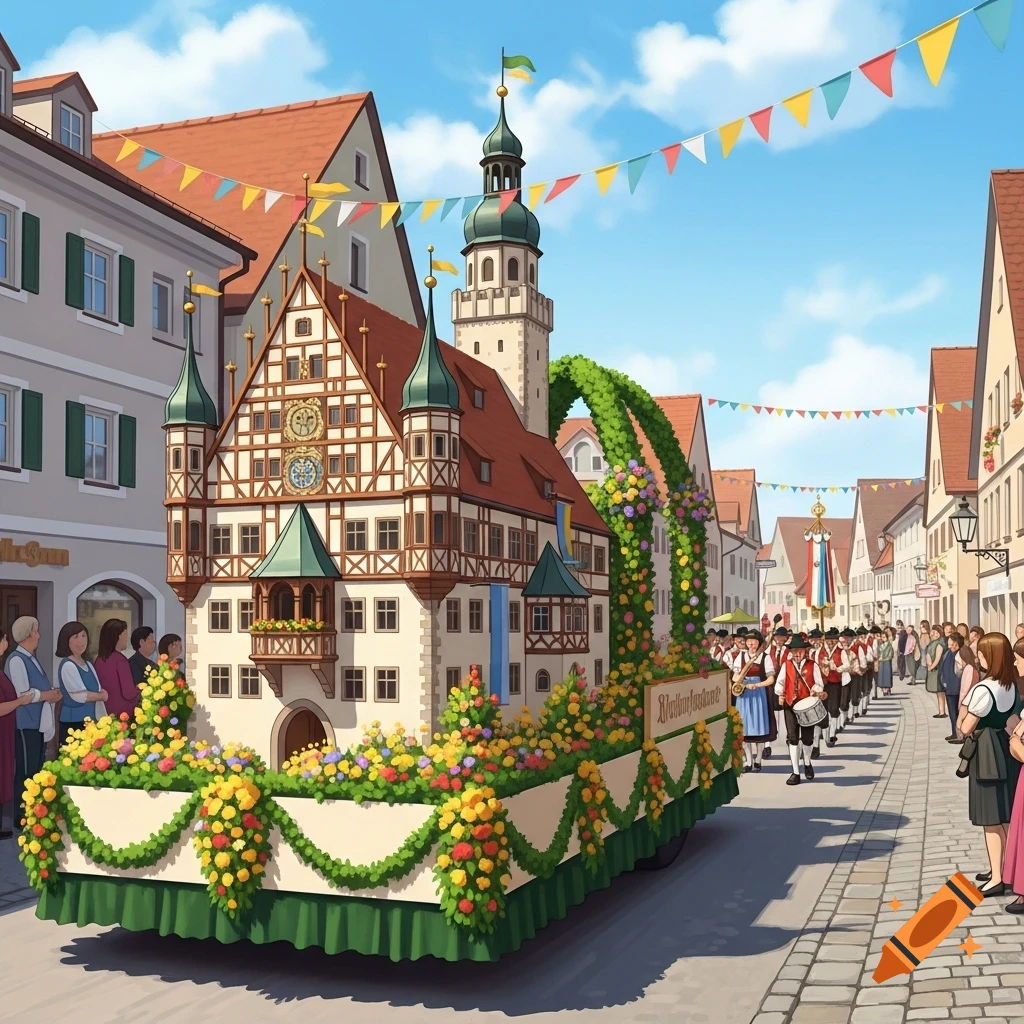 A colorful parade float resembling a traditional German town hall, adorned with flowers and garlands, moves along a street during a festival. Spectators line the path of the float and marching band, surrounded by half-timbered buildings and festive bunting under a blue sky.
