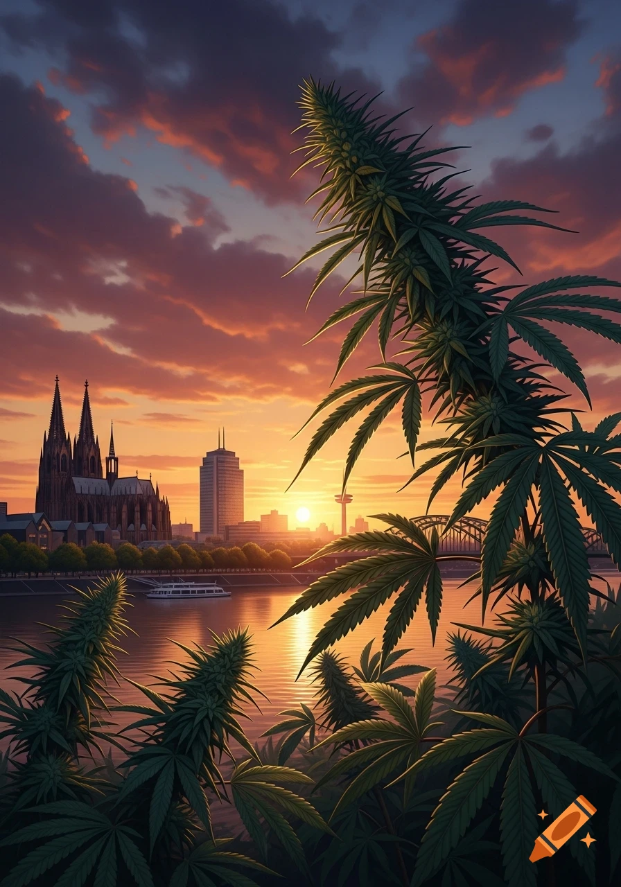 Dark green cannabis plants in the foreground, with the Cologne skyline and Rhine River at sunset under an orange and purple sky.