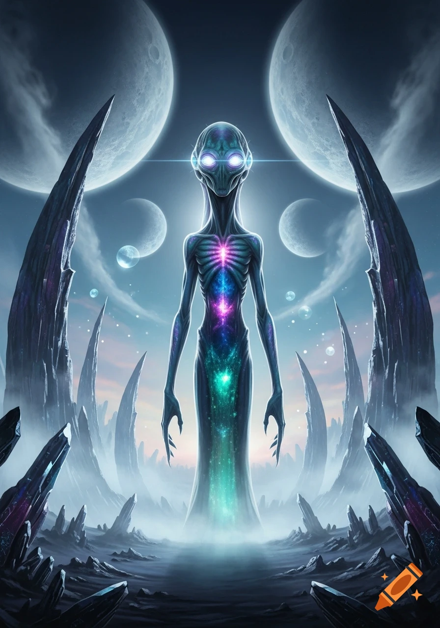 A tall, slender alien with glowing eyes and colorful internal light stands on a rocky alien planet with spiky structures under a sky with multiple moons.