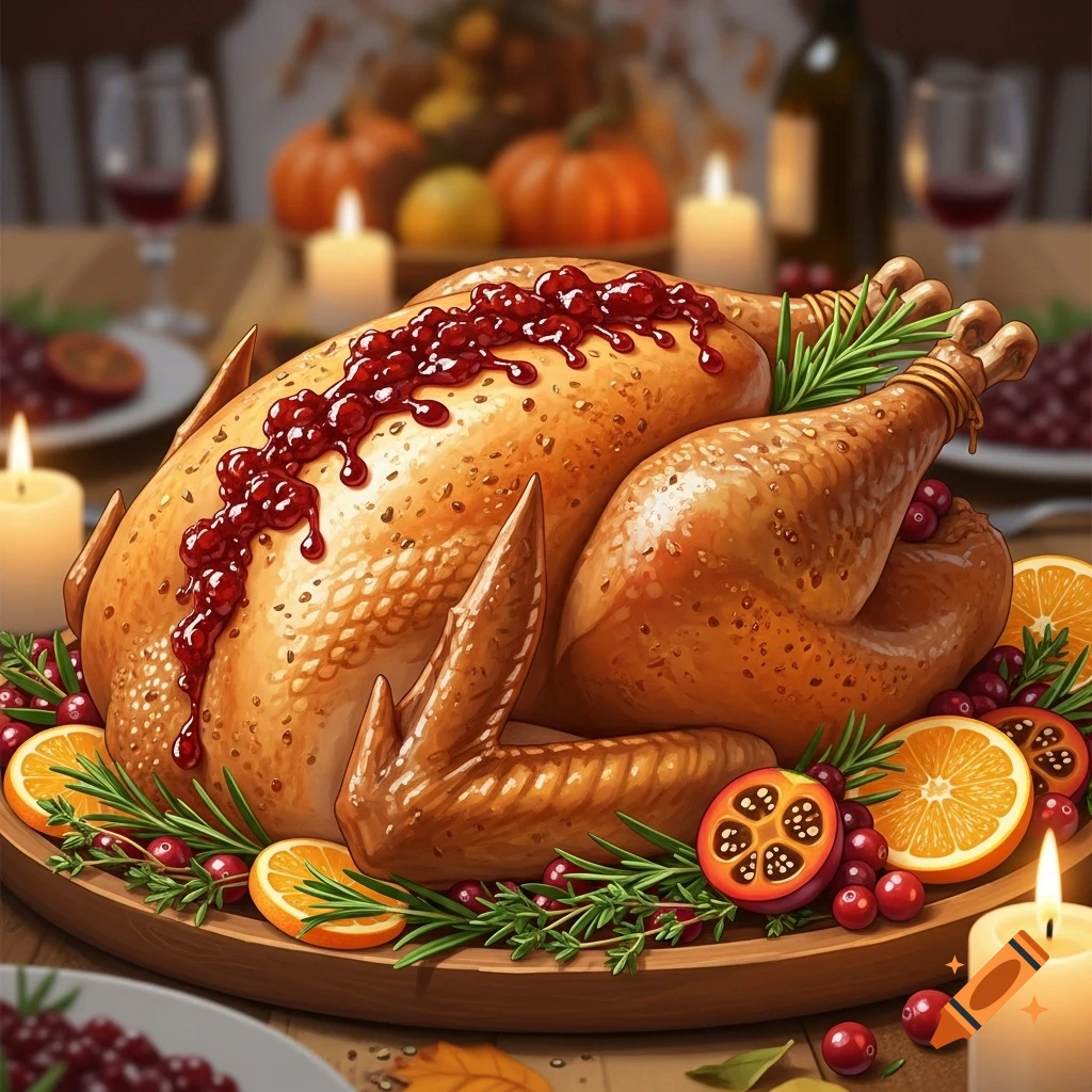 A roasted turkey covered in cranberry sauce and garnished with oranges, cranberries, and rosemary on a wooden platter, set on a dinner table with candles and wine.