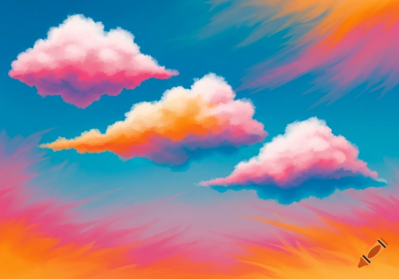 Stylized, painterly image of fluffy pink and orange clouds against a vibrant blue sky with colorful wisps.