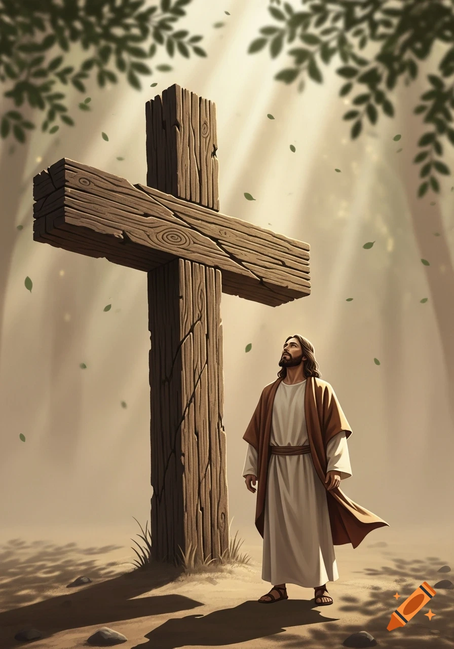 Jesus looks up hopefully at a rustic wooden cross bathed in sunlight, with leaves falling around them in a serene clearing.