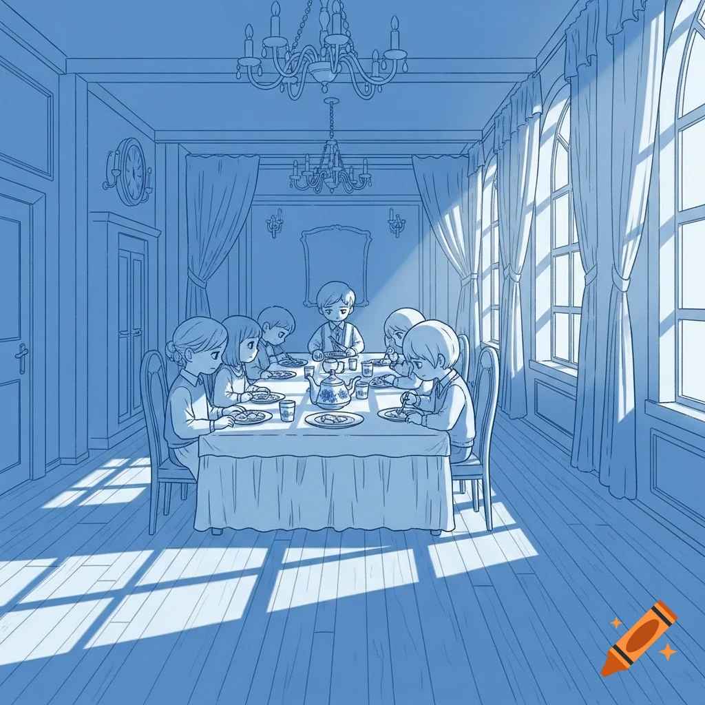 Monochromatic blue anime illustration of six children eating at a long table in a formal dining room with sunlight.