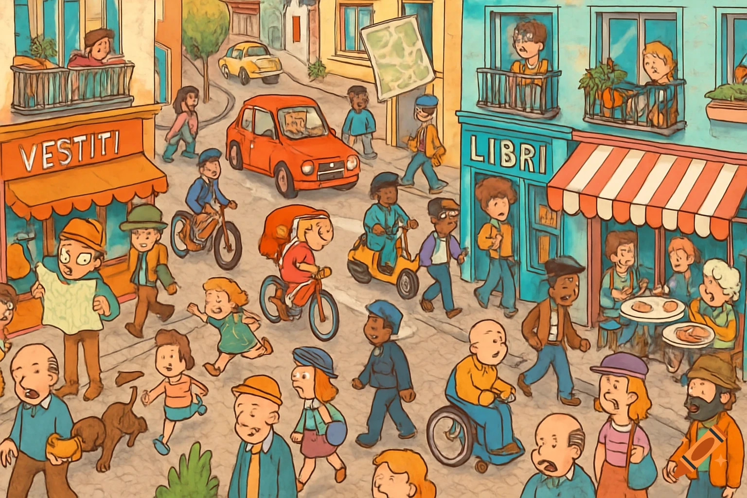 A bustling, detailed cartoon illustration of a city street with many people walking, cycling, and interacting. Buildings with storefronts like 'VESTITI' and 'LIBRI' line the street, along with cars and outdoor cafes, in a 'Where's Waldo' style.