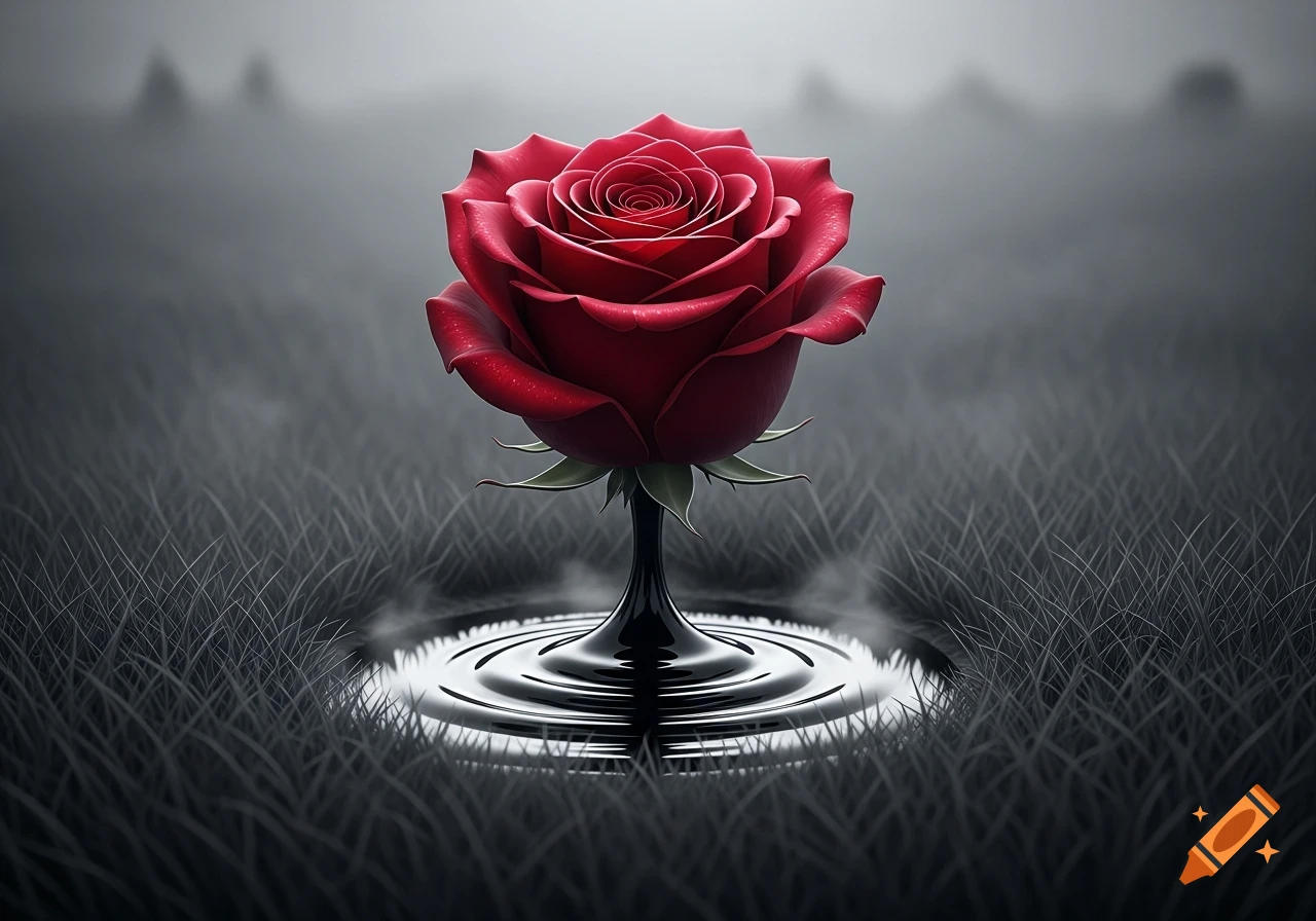 A vibrant red rose stands in a pool of black liquid with ripples, against a blurry gray grass background.