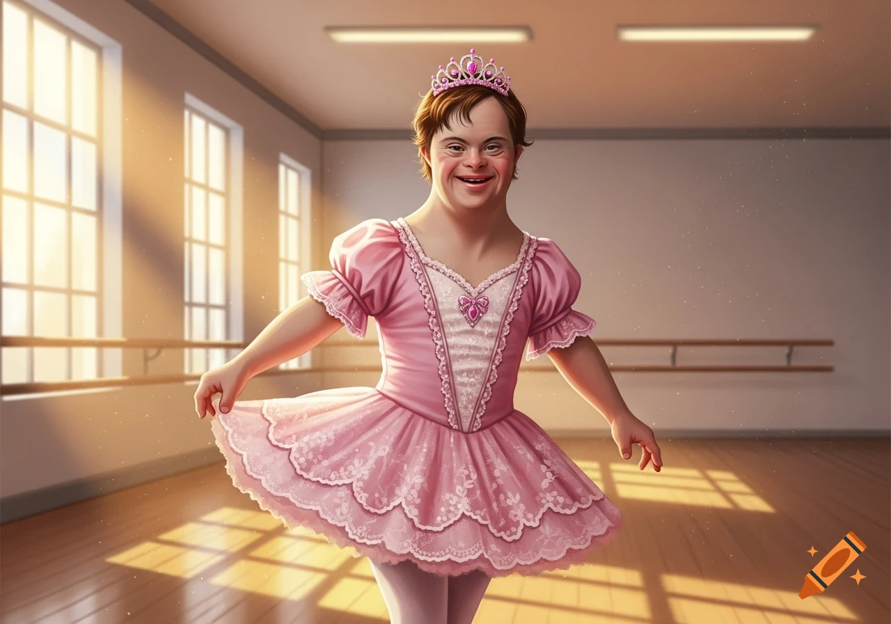 A smiling person with Down syndrome in a pink ballerina dress and tiara poses in a sunlit dance studio with a barre, digital art.