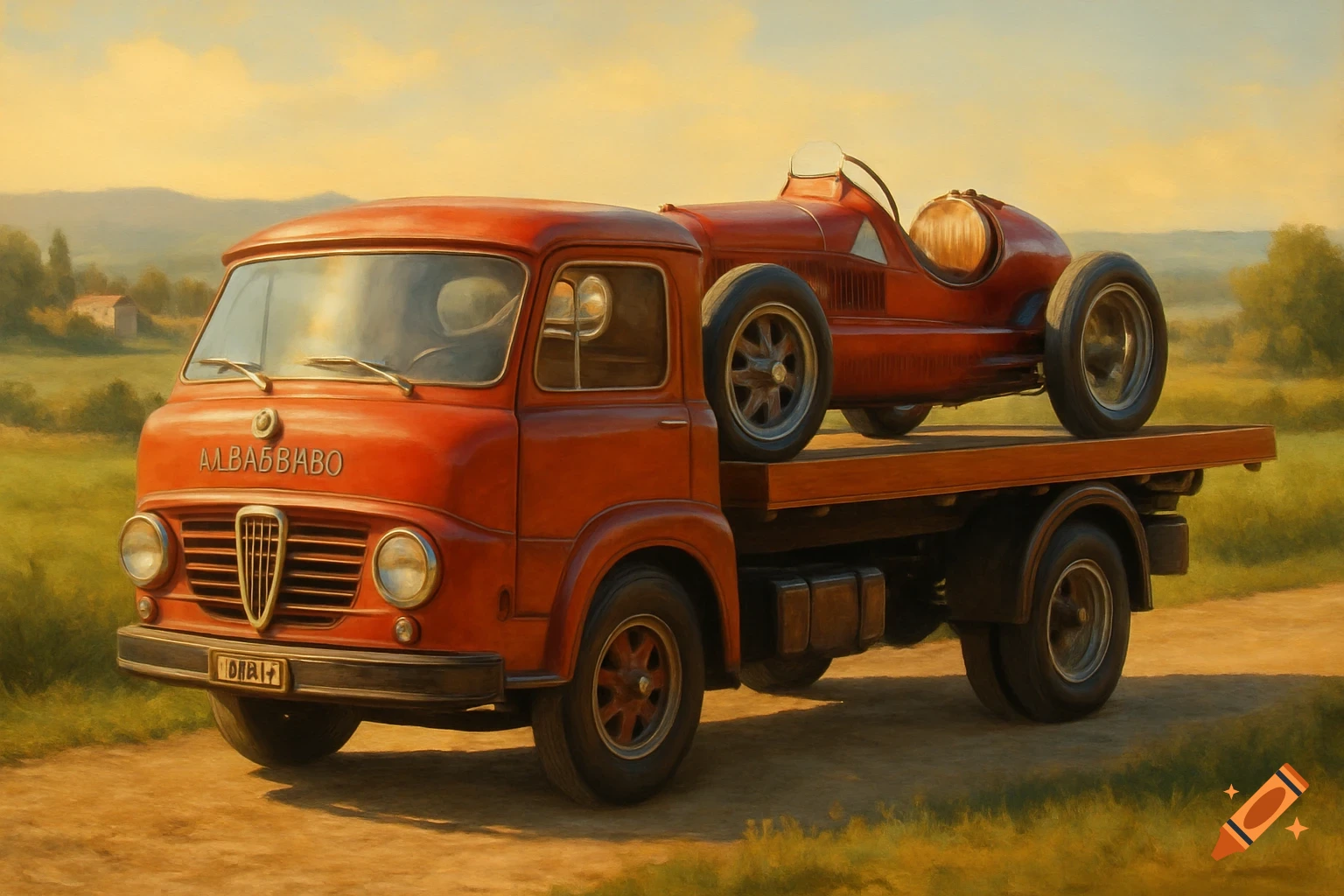 A vintage red flatbed truck with "ALBABBIABO" on its grille carries a vintage red open-wheel race car, on a dirt road in a pastoral landscape, painted in an oil style.