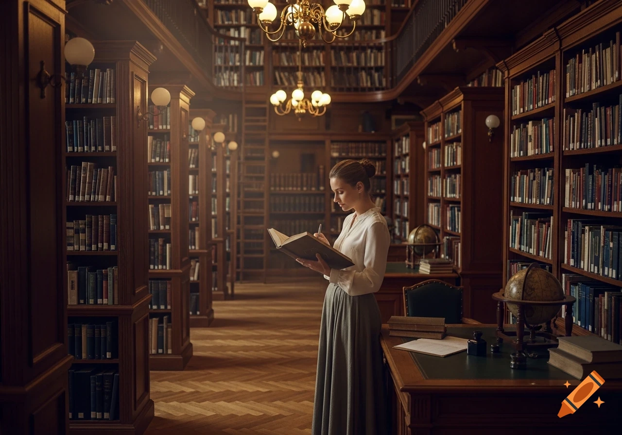 A woman in a long skirt and blouse reads a large book while standing in a grand, wood-paneled library filled with bookshelves.