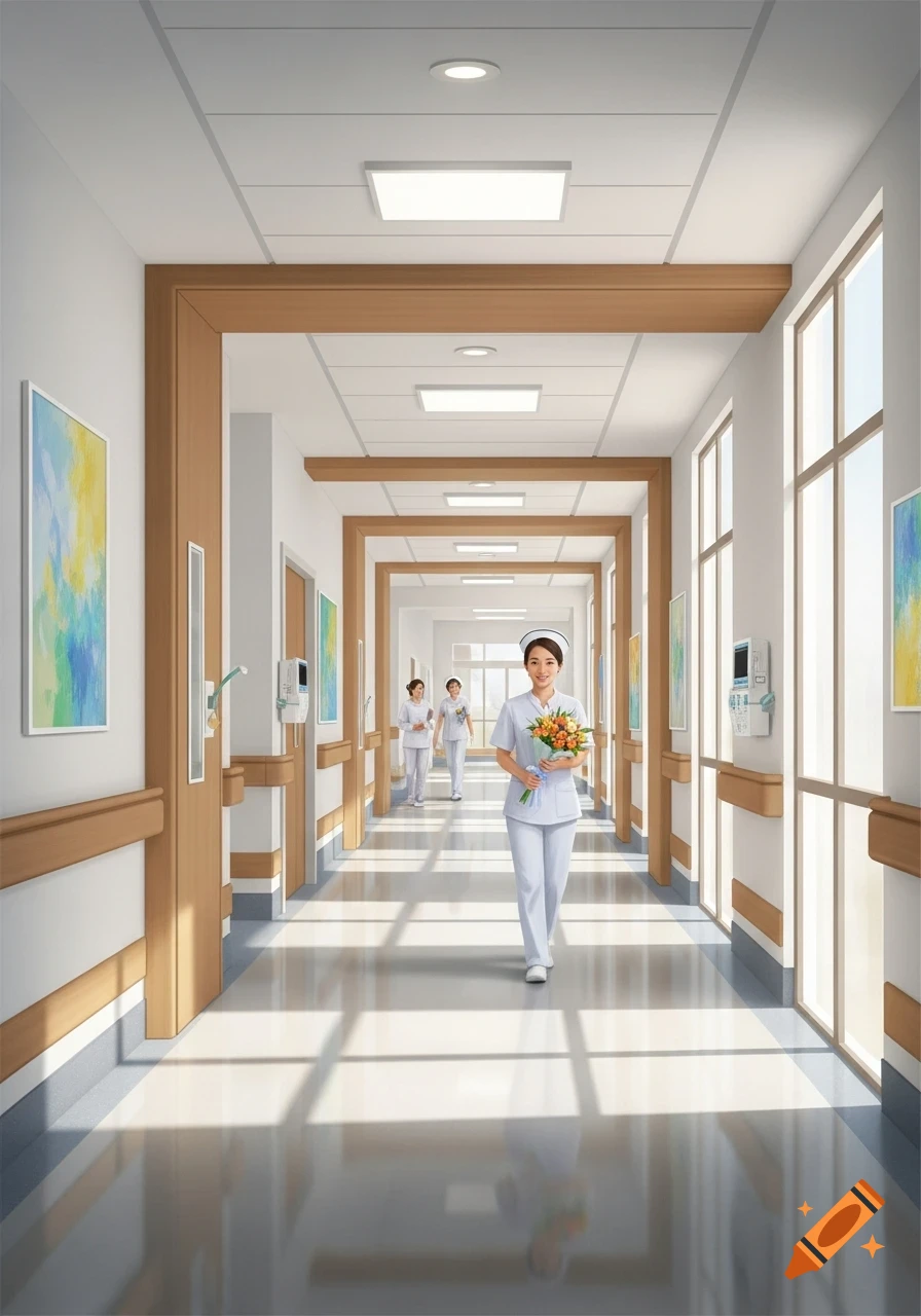 Illustrated hospital hallway with a smiling nurse holding a flower bouquet, other nurses visible in the background.