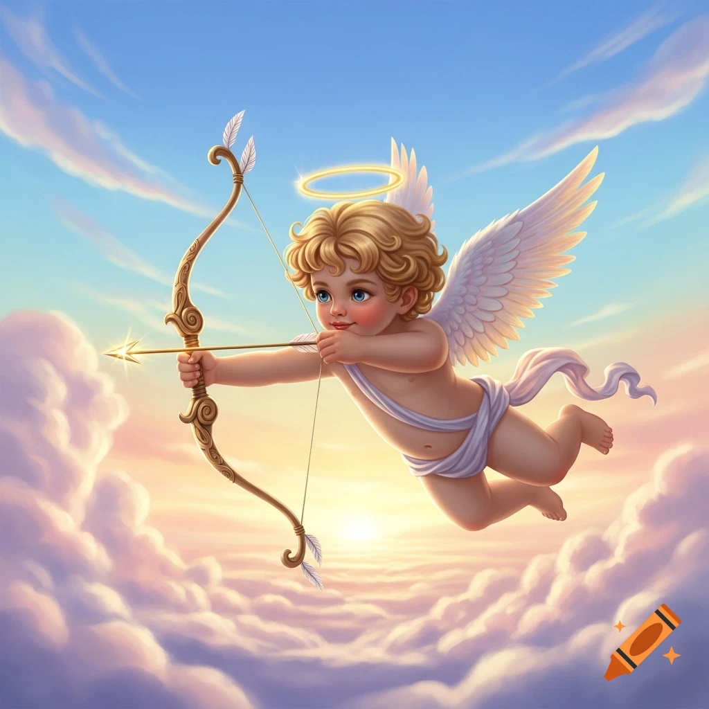 A cute, blonde, curly-haired Cupid with white wings flies through a soft, cloudy sky at sunset, aiming a golden bow and arrow.