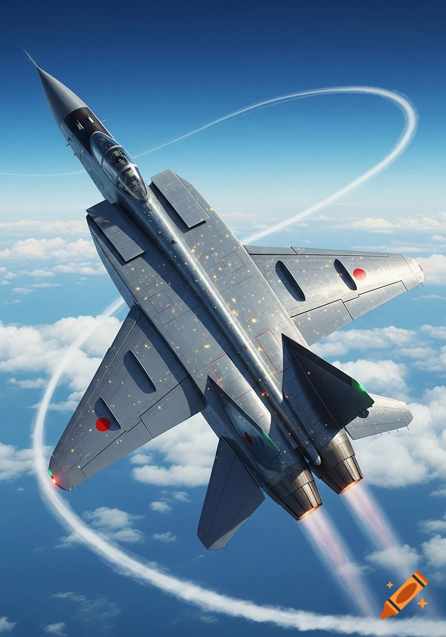 A grey fighter jet with red circular markings on its wings and a green marking on its tail flies through a blue sky with white clouds, leaving a contrail loop.