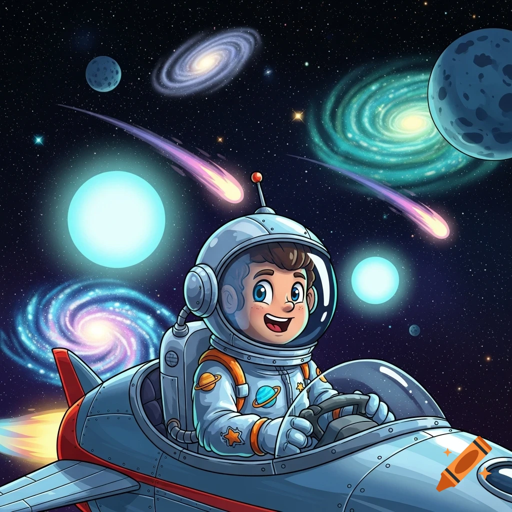 A smiling cartoon space cadet in a spaceship flies through colorful outer space with planets, galaxies, and comets.