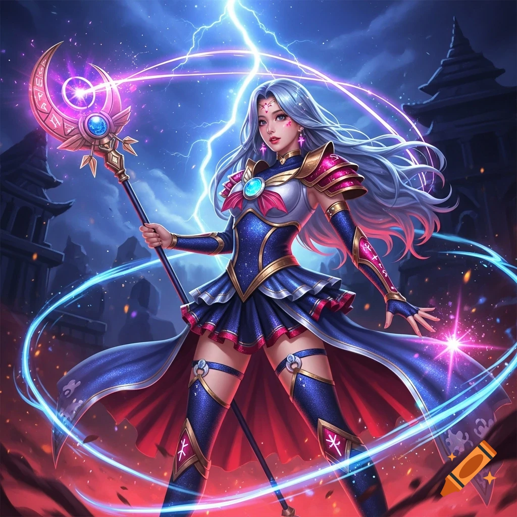 A blue-haired female warrior in a detailed blue and gold Sailor-style outfit holds a glowing crescent staff amid magic and lightning in a fantasy scene.