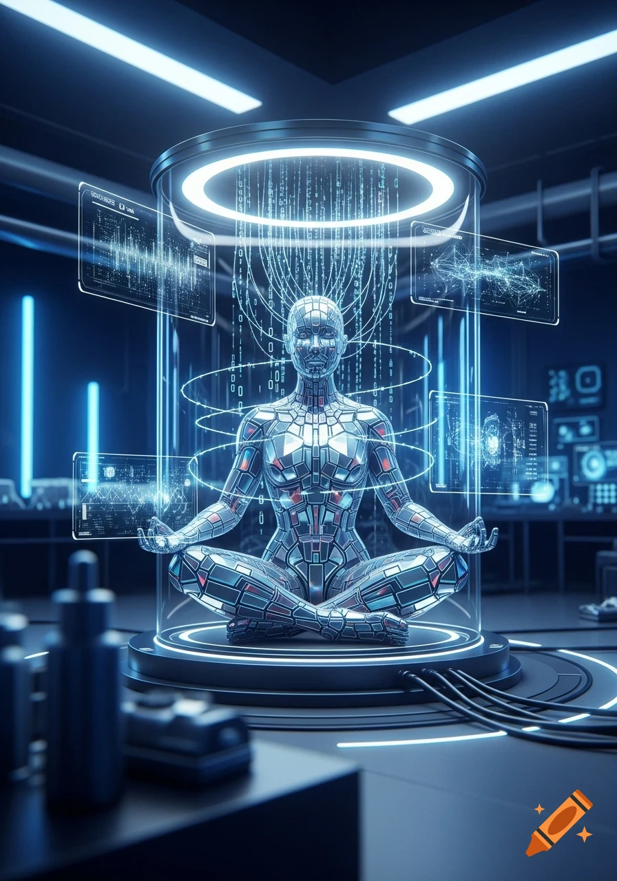 A metallic AI figure meditates in a futuristic glass cylinder, surrounded by glowing data screens in a tech lab.