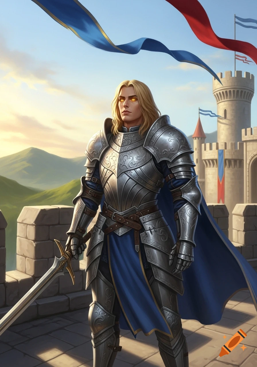 Blond knight with golden eyes in silver armor and blue cape stands on a castle rampart, holding a sword, with a castle and mountains behind him.