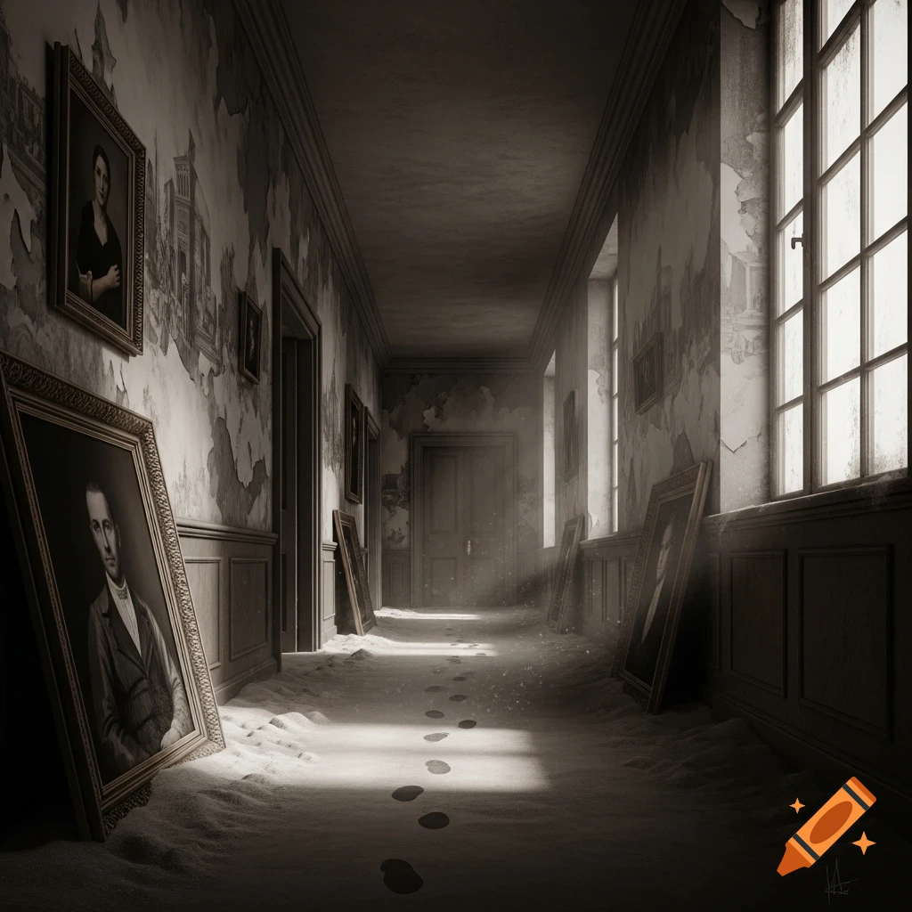 A dark, abandoned hallway with dust covering the floor, showing footprints. Old paintings hang crookedly on peeling wallpaper, lit by windows.