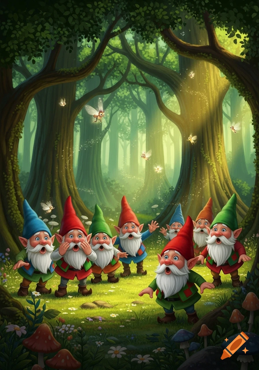 Seven shocked gnomes with colorful hats and white beards stand in a lush, green forest with glowing fireflies.