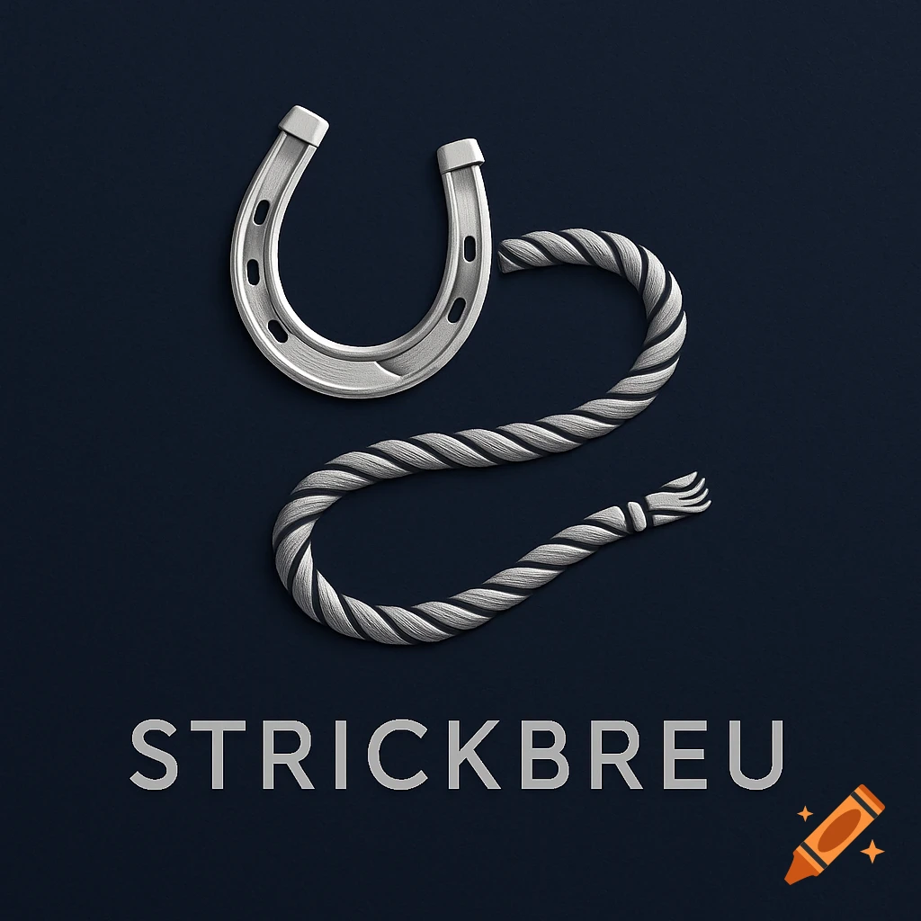 A silver horseshoe above a twisted rope forming a stylized S or 2, with 'STRICKBREU' text below, on a dark blue background.