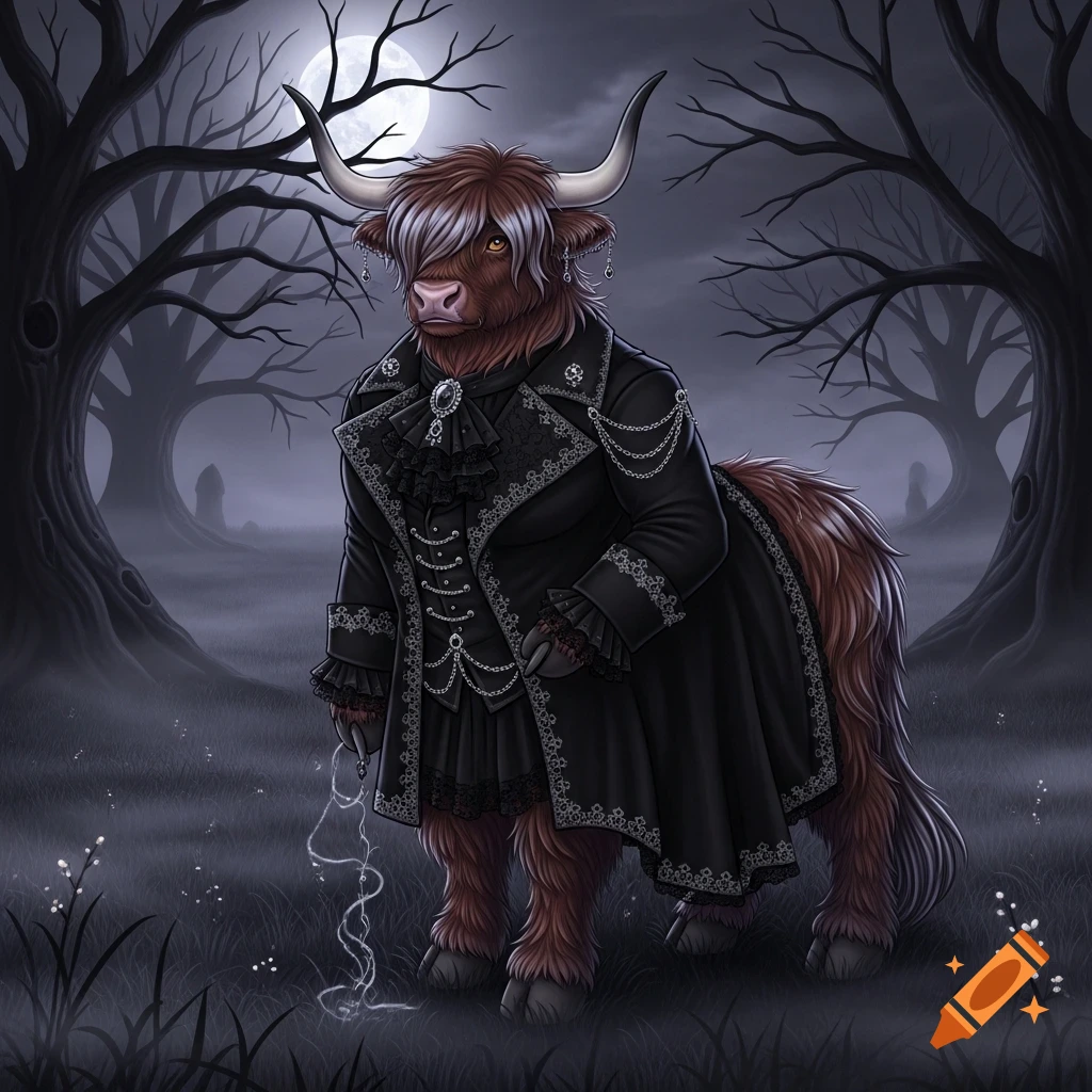 A furry art illustration of a highland cow creature with bangs and horns, dressed in ornate black gothic clothing, standing in a misty, moonlit forest with gnarled trees.