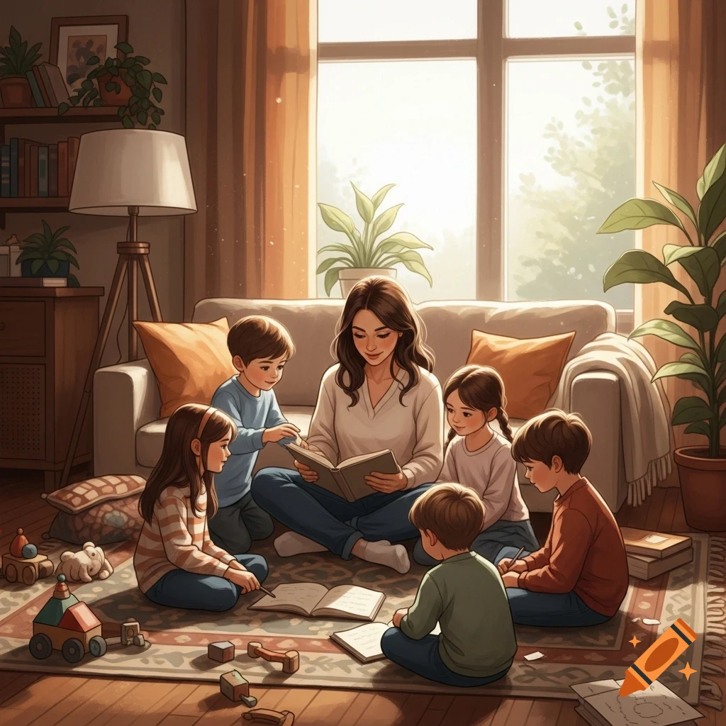 A mother reads a book to four children gathered around her on the floor ...