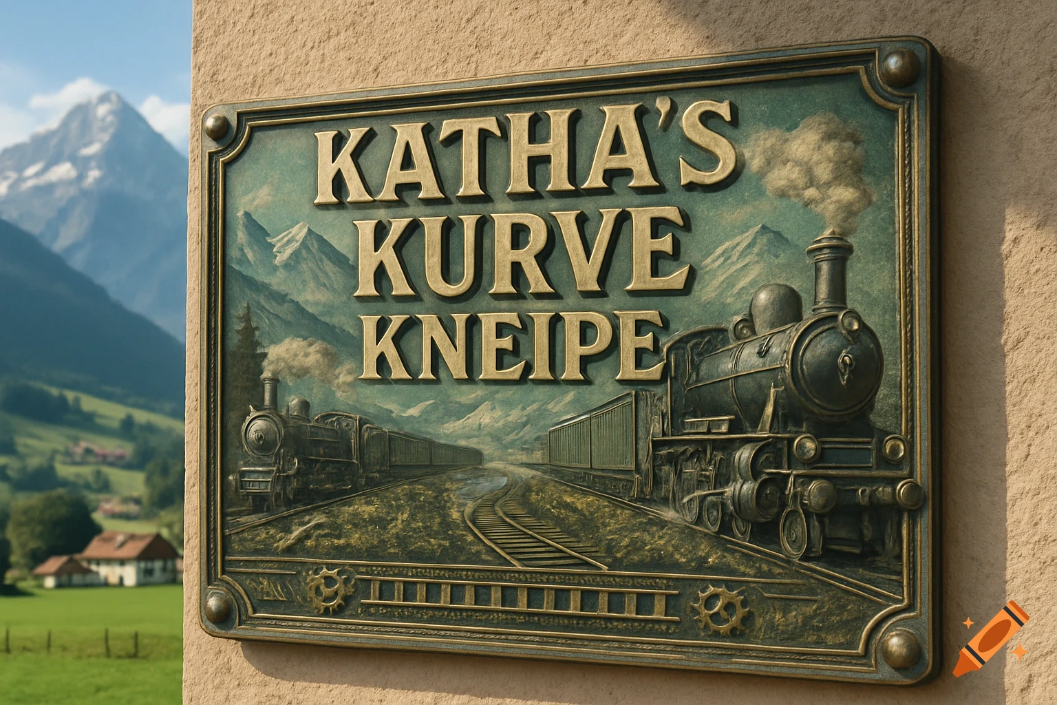 An ornate, embossed sign for 'KATHA'S KURVE KNEIPE' features vintage trains and a mountain landscape, set against a stone wall with real mountains in the background.