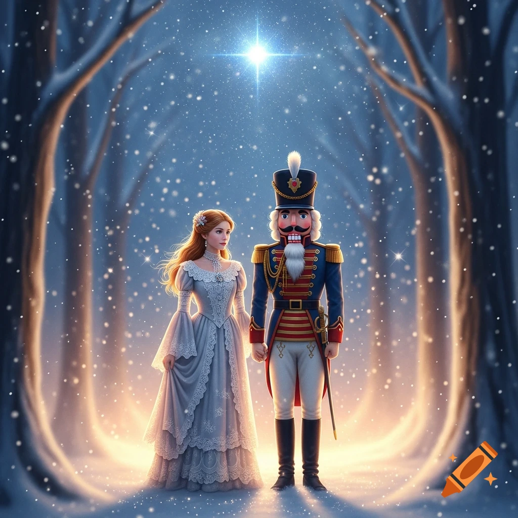 The Nutcracker and Clara stand holding hands in a snowy enchanted forest under a brilliant star in a fantasy art style.