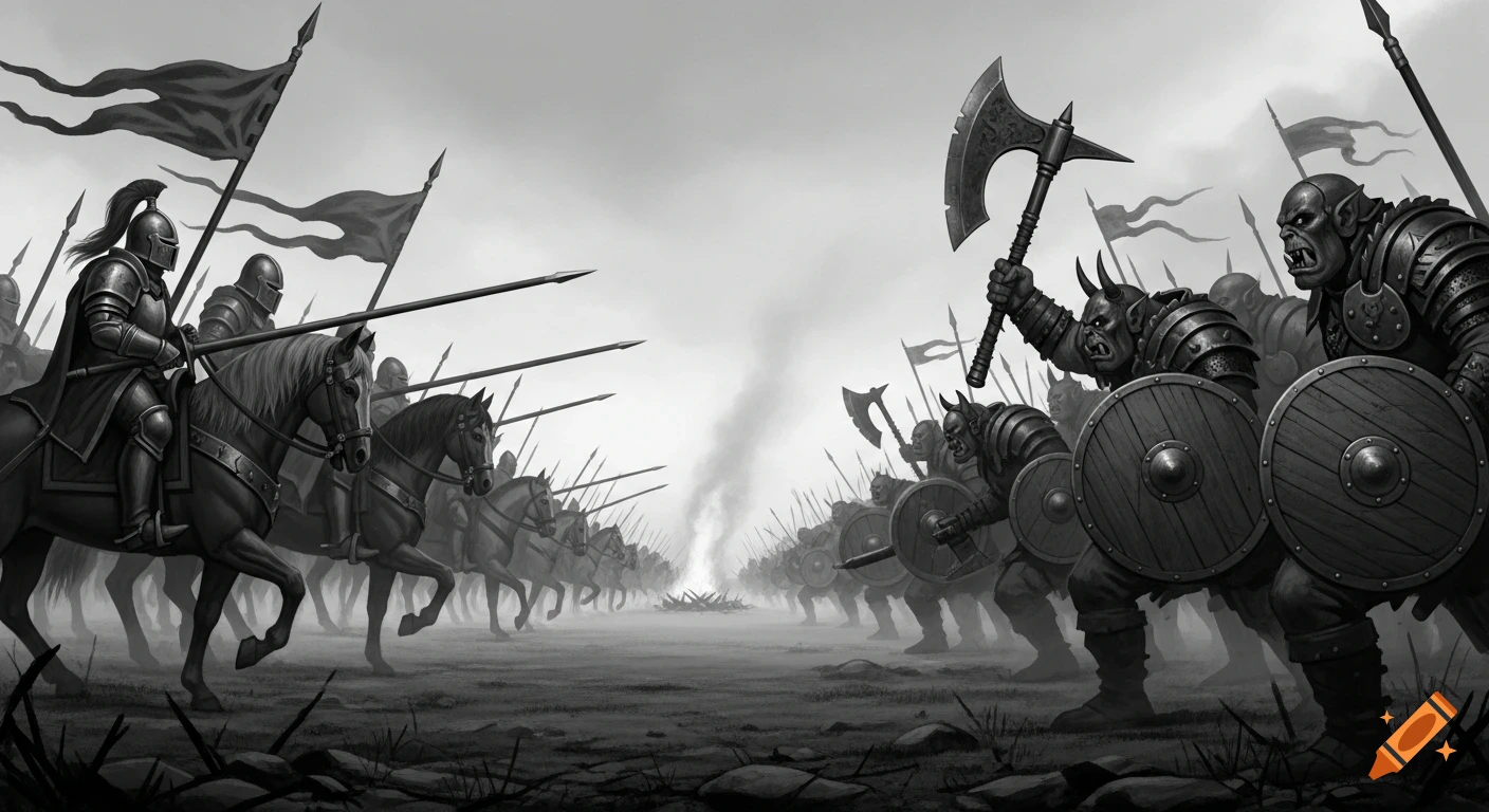 A grayscale charcoal drawing of two fantasy armies, knights on horseback and orcs, charging towards each other for battle.