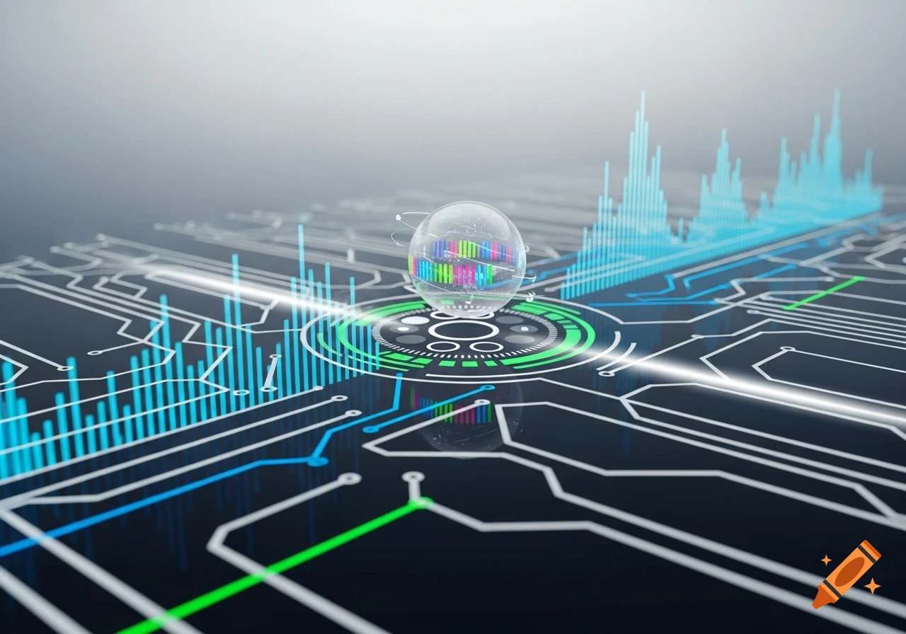 Abstract image of a circuit board with glowing lines, bar graphs, and a transparent orb with colorful data inside.