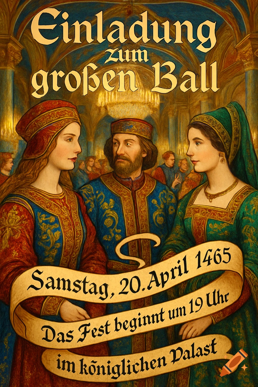 A richly detailed painting of a medieval/renaissance ball invitation with three elegantly dressed nobles in a palace ballroom.
