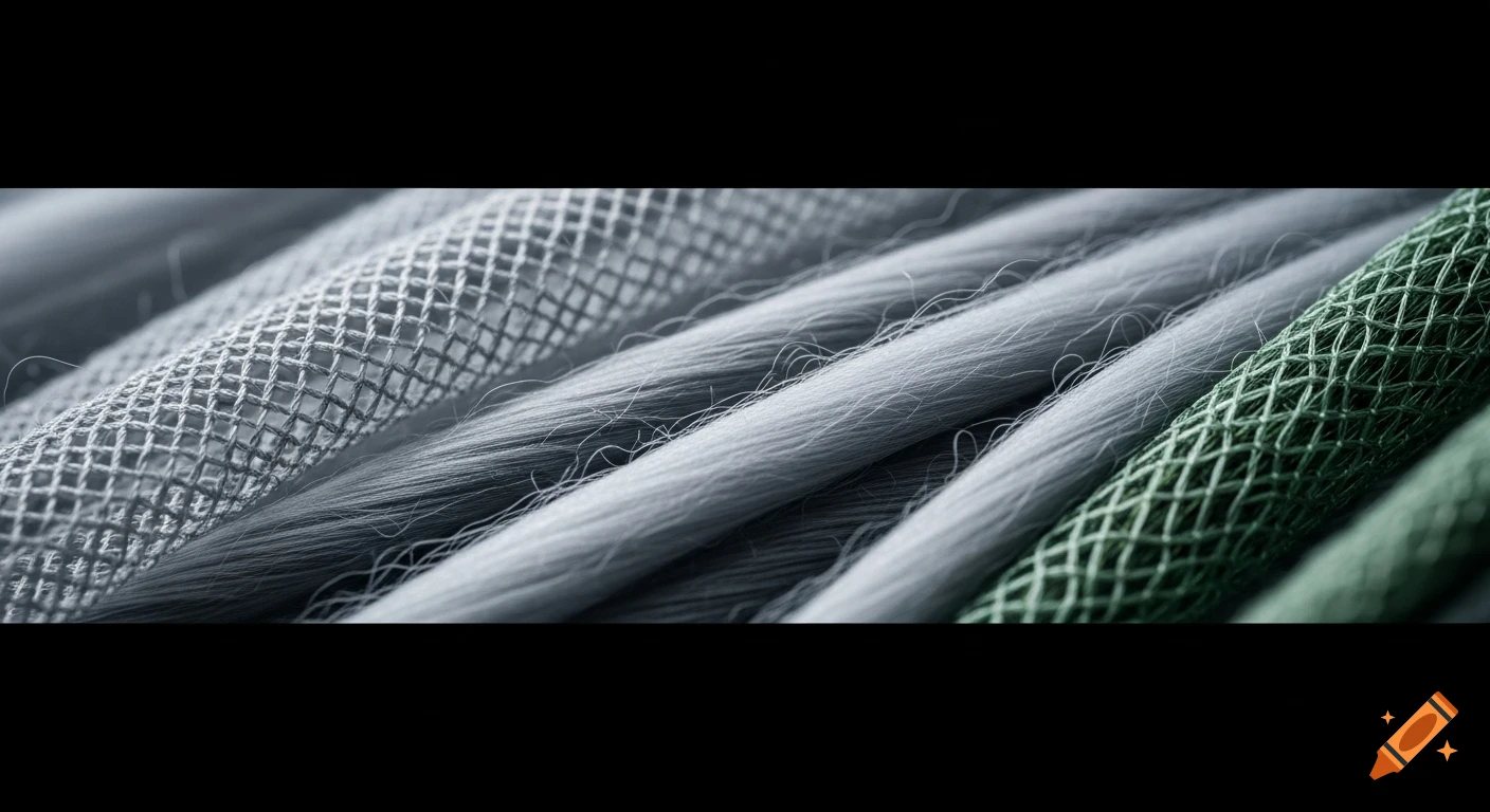 Close-up of abstract textile structures with woven fibers, layered yarns, and mesh patterns in grey and green.