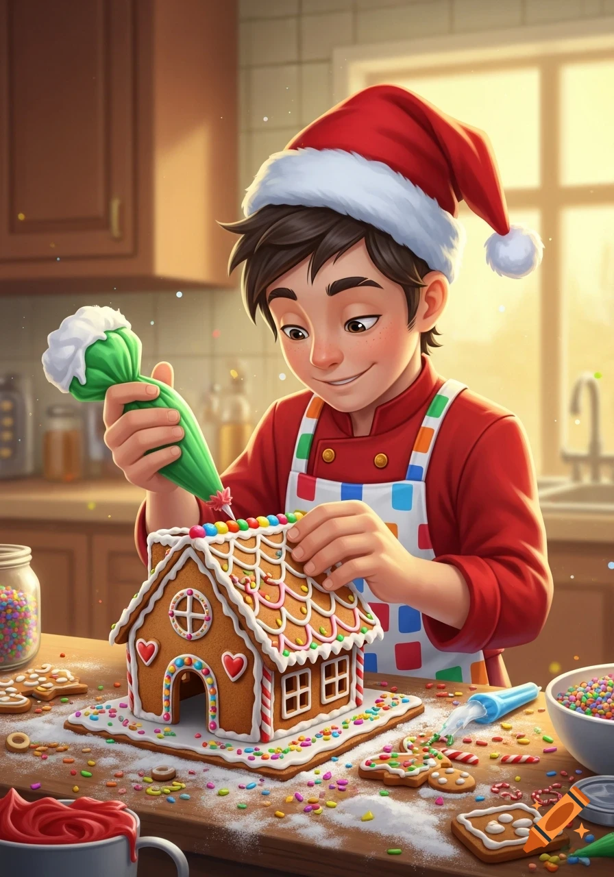 A smiling boy in a Santa hat and apron decorates a gingerbread house with colorful icing and sprinkles on a kitchen counter, illustration.