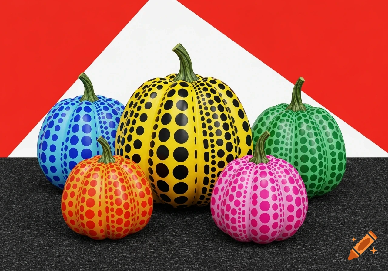 Five colorful, polka-dotted pumpkins in Yayoi Kusama's art style, against a red and white geometric background.