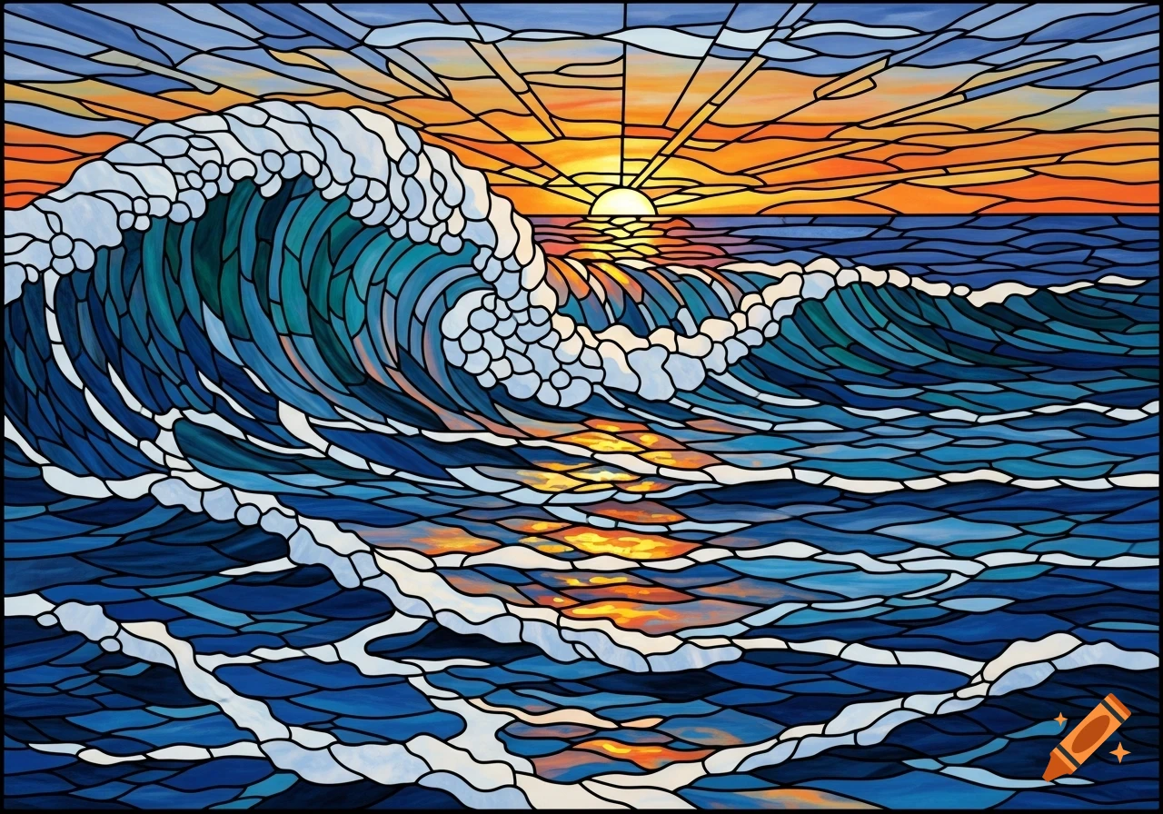 Stained glass art of a vibrant blue ocean wave crashing under a golden sunset, with warm reflections on the water.